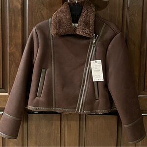 Brown Aviator Jacket with Faux Fur Collar